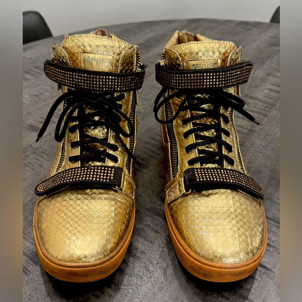 Luxurious Gold High-Top Sneakers with Embellished Straps